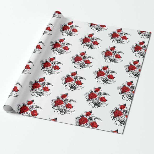 Mekanisk halvmåne med röda rosor presentpapper (Utrullad)