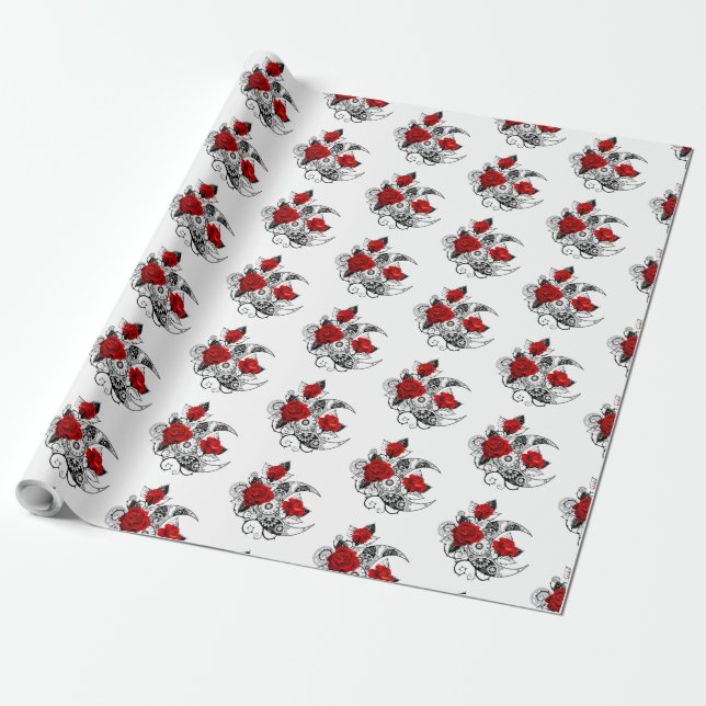 Mekanisk halvmåne med röda rosor presentpapper (Utrullad)