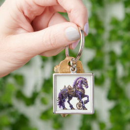 Mekanisk Lila och Guld Steampunk Horse Fyrkantig Silverfärgad Nyckelring