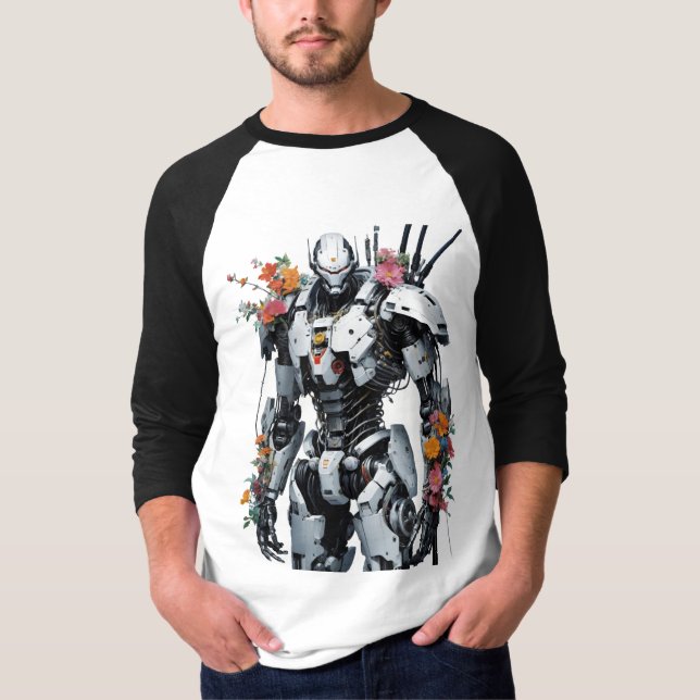 Mekanisk Robot Med Blommor T Shirt (Framsida)