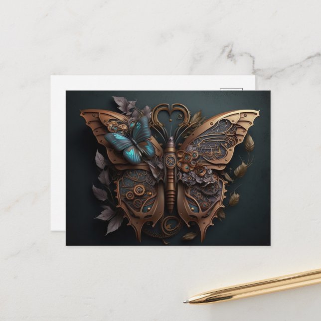 Mekanisk Steampunk Butterfly Vykort (Fram/Back In Situ)