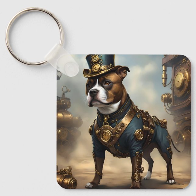 Mekanisk Tassar: Steampunk Stafford Dshire Terrier Nyckelring (Framsida)