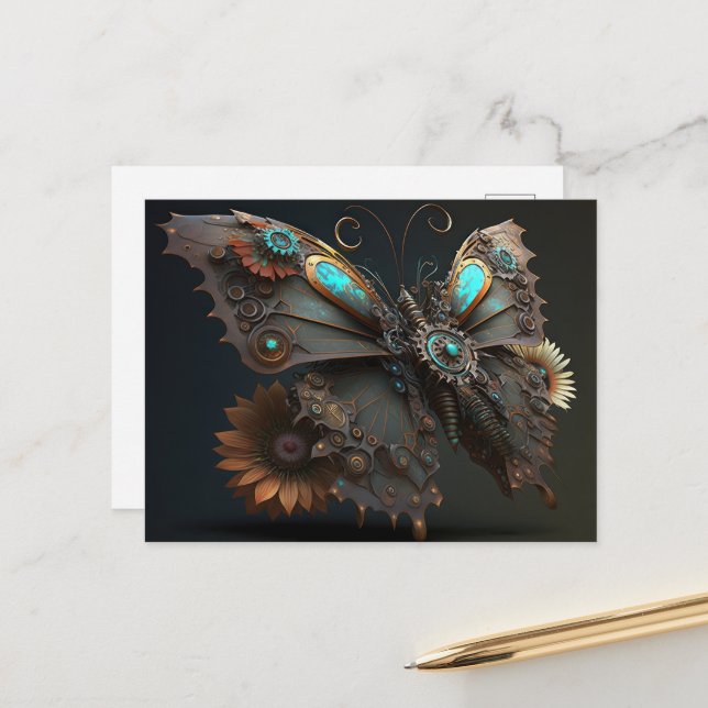 Mekaniska Steampunk Flowers Butterfly Vykort (Fram/Back In Situ)