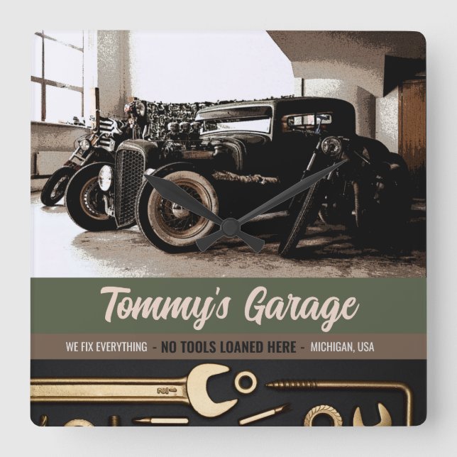 Mekaniskt Anpassningsbar Motorcykelgarage Fyrkantig Klocka (Framsida)