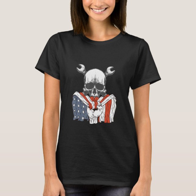 Mekaniskt skelett med amerikansk Flagga T Shirt (Framsida)