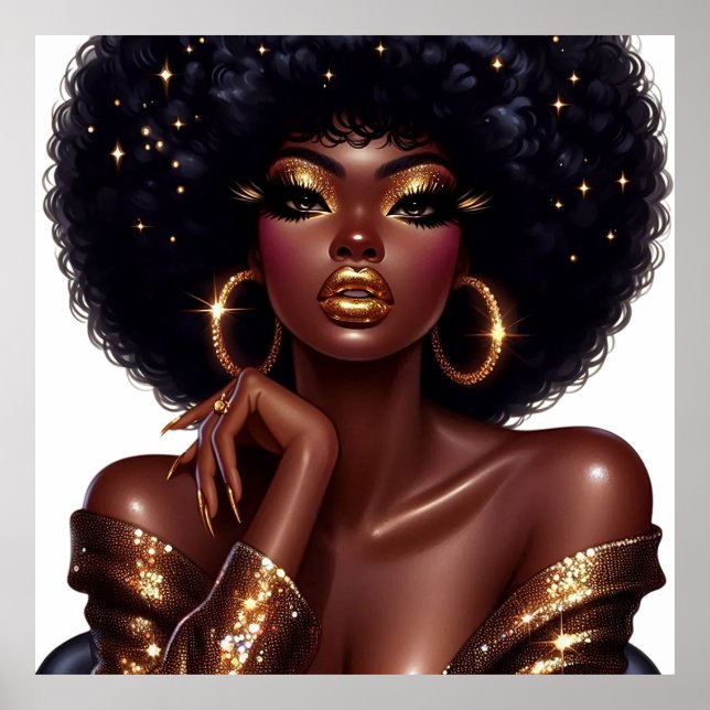 Melanin Chic Afro Beauty med Guld Glam Accents Poster (Framsidan)