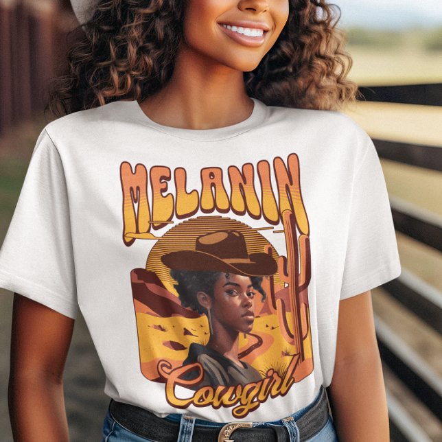 MELANIN COWGIRL Svart Tjej Western Cowboy T Shirt (Smiling African American girl in stetson, wearing Melanin Cowgirl T-shirt. Browse the collection.)