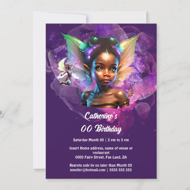 Melanin Fairy Girl Princess Magic lila Girl Inbjudningar (Framsida)