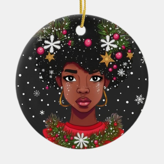 Melanin jul Magic Black Girl Woman Sista Julgransprydnad Keramik (Framsidan)