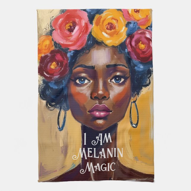 Melanin Magic Blommigt Porträtt Kökshandduk (Vertikal)