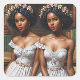 Melanin Twin Sisters i Bibliotek Gemini Art Fyrkantigt Klistermärke