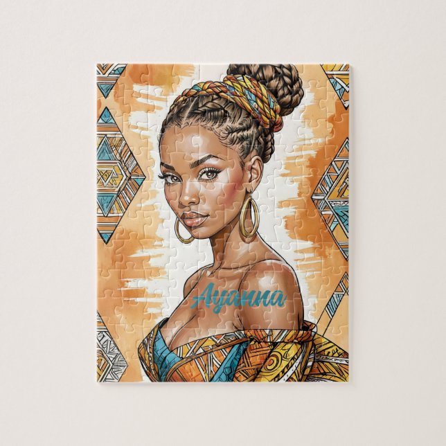 Melanin Woman med Braided Bun - afrikansk utskrift Pussel (Vertikal)
