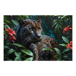 Melanistic Jaguar in Jungle Red Flowers Fototryck