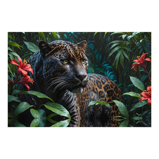 Melanistic Jaguar in Jungle Red Flowers Fototryck (Framsidan)