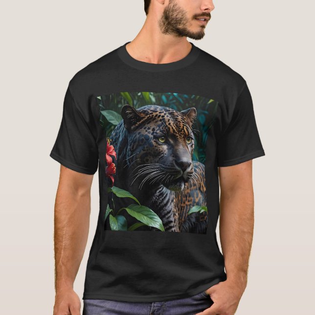 Melanistic Jaguar in Jungle Red Flowers T Shirt (Framsida)