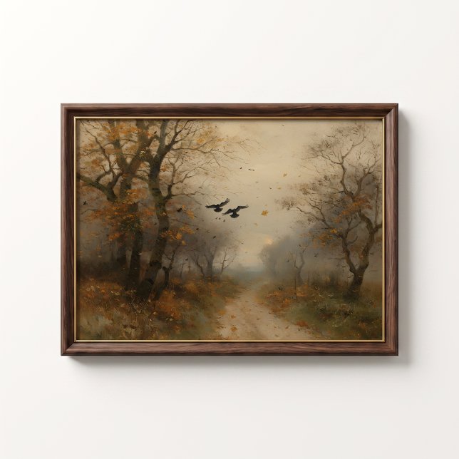 Melankoliska kråkors höststig vintage skogsaffisch poster (Crows Autumn Path Wall Art Poster - close-up view (frame/decor not included))