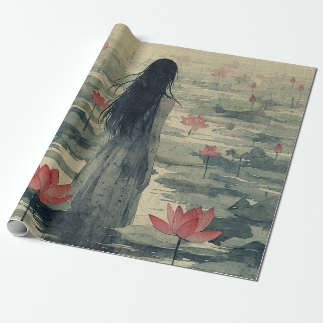 Melankolsk Lotus Dimma Vattenfärg (2) Presentpapper (Utrullad)