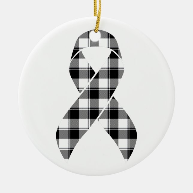 Melanoma Skin Cancer Awareness Plaid Black Ribbon  Julgransprydnad Keramik (Framsidan)