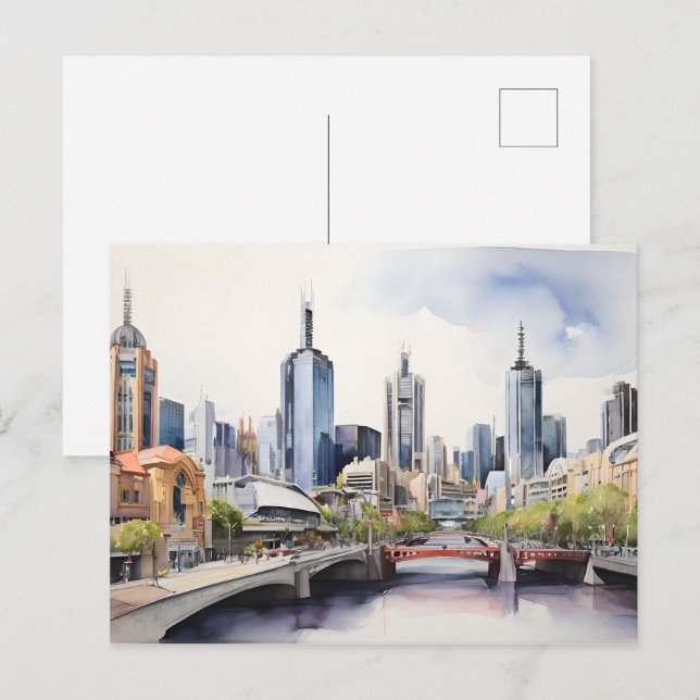 Melbourne akvarell konst vykort (Fram/baksida)