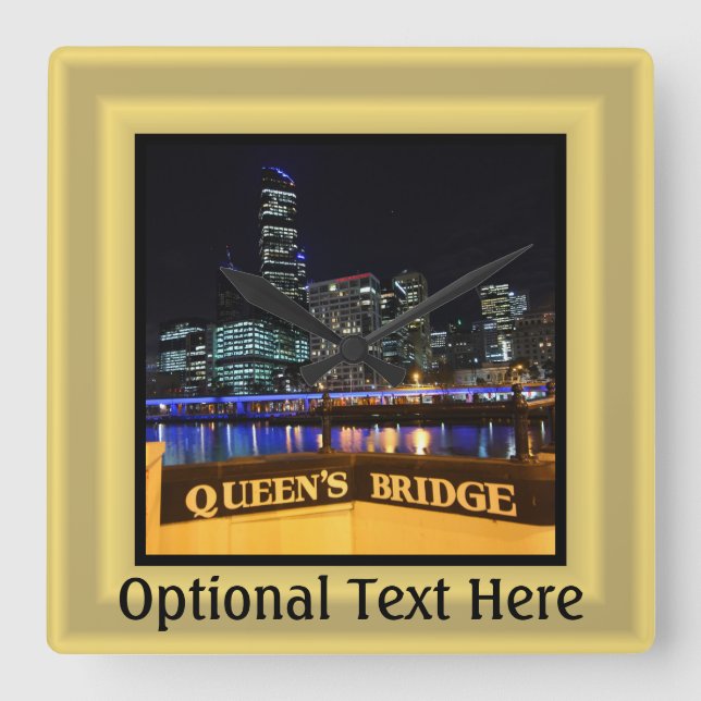 Melbourne Australia CBD Ljus over Queen's Bridge Fyrkantig Klocka (Framsida)