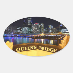 Melbourne Australia CBD Ljus over Queen's Bridge Ovalt Klistermärke