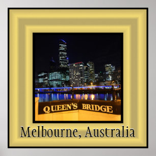 Melbourne Australia CBD Ljus over Queen's Bridge Poster