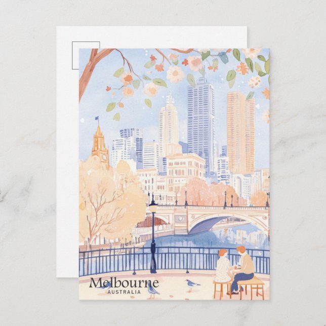 Melbourne Australia Gouache Illustration Travel Vykort (Fram/baksida)