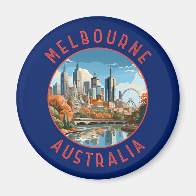 Melbourne Australia Retro Distress Circle Magnet (Framsidan)