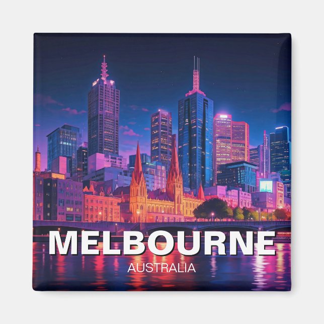 Melbourne Australia Skyline Night Magnet (Framsidan)