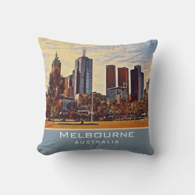 Melbourne Australia Skyline Watercolor Art Kudde (Framsida)