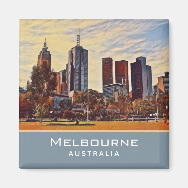 Melbourne Australia Skyline Watercolor Art Magnet (Framsidan)