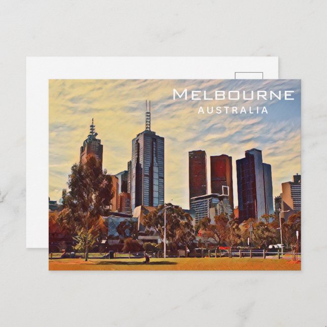 Melbourne Australia Skyline Watercolor Art Vykort (Fram/baksida)