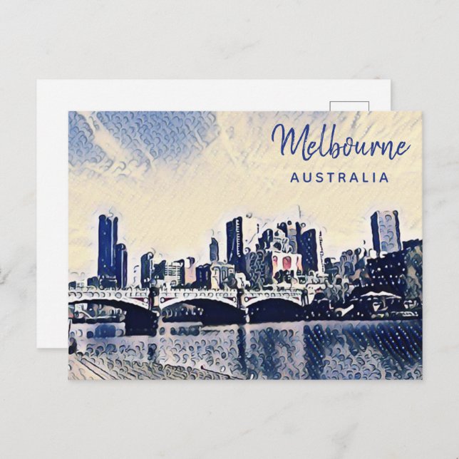 Melbourne Australia Watercolor Art Vykort (Fram/baksida)