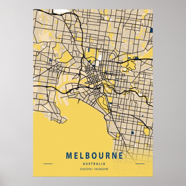 Melbourne - Australiens Gult City Karta Poster (Framsidan)