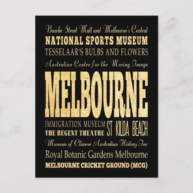 Melbourne City of Australia Typography Art Vykort (Framsida)
