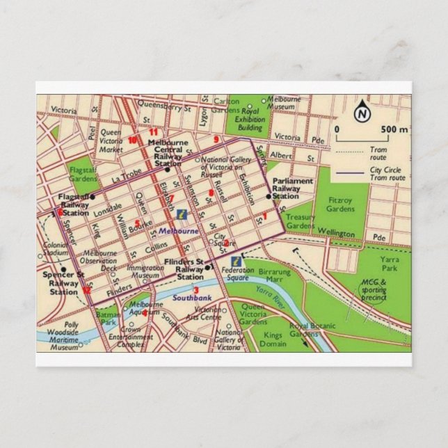 Melbourne karta city cbd vykort (Framsida)