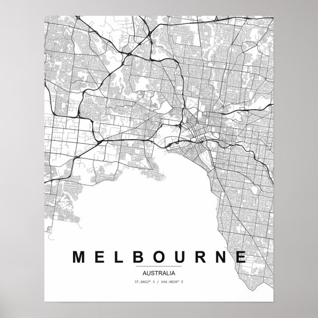 Melbourne Minimalistisk Karta (Svart & Vitt) Poster (Framsidan)