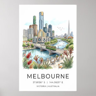 Melbourne Skyline Affisch - Handritad Stadssiluett