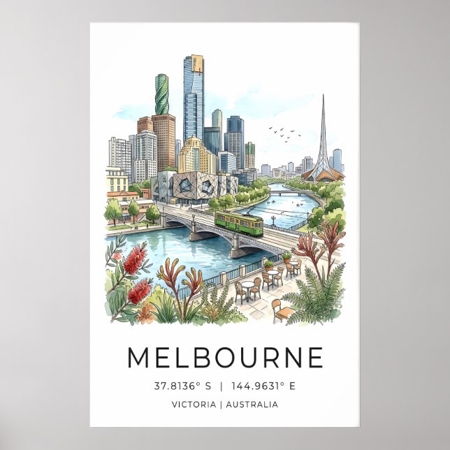 Melbourne Skyline Poster - Hand-Sketched Cityscape (Framsidan)