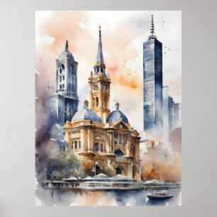 Melbourne vattencolor art poster