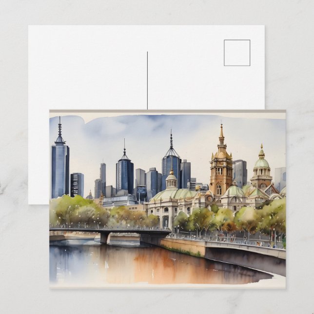 Melbourne vattencolor art vykort (Fram/baksida)