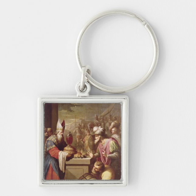 Melchizedek erbjudande bröd och vin fyrkantig silverfärgad nyckelring (Framsidan)