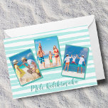 Mele Kalikimaka Beach Chic Teal Photo Julkort<br><div class="desc">Vackra söderkvarteret vågigt linjer dekorera detta moderna familjefotokollage julkort som lyder Mele Kalikimaka, Hawaiias sätt att säga God jul. En coola färg motif på trendigets anpassningsbar-helgdag. Anpassa helgdag med din egen familj eller med dina underordnade bilder. Anpassa baksidan med ditt eget säsonhälsningar-meddelande tillsammans med namnen för dina familjemedlemmar och barn...</div>