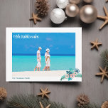 Mele Kalikimaka Beach Family Photo Hibiscus Blommi Julkort<br><div class="desc">Ett vackert julkort med ett familjefoto från din ö-semester som hålls i hörnet av en tropisk Hibiscus-blomma i underbar persikoblomma rosa med blå grönt handflatan löv. Ett annat fotografi av fullt dekorerar baksidan av detta hawaiiska helgdag-kort.</div>