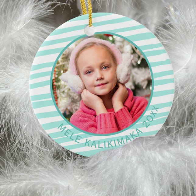 Mele Kalikimaka Bevackra Teal Vågigt Rand Julgransprydnad Keramik (Skapare uppladdad)