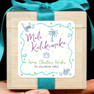 Mele Kalikimaka Blå Lila Grön Doodle Jul Fyrkantigt Klistermärke