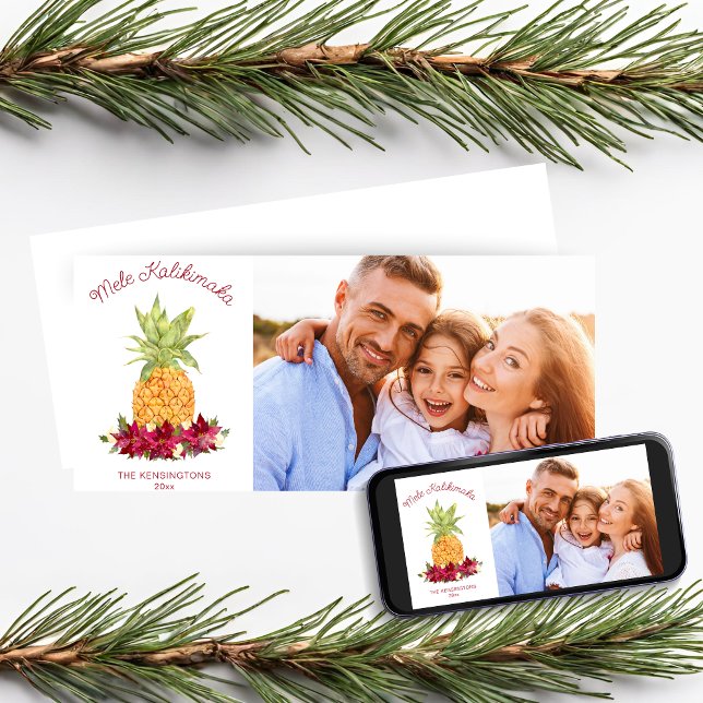 Mele Kalikimaka Blommigt Pineapple Helgdag Photo Julkort (Mele Kalikimaka Floral Pineapple Holiday Photo Card)