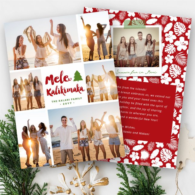 Mele Kalikimaka Brush jul 6 Photo Collage Julkort (Mele Kalikimaka Brush Christmas Tree 6 Photo Collage Modern Holiday Card @ fat_fa_tin)
