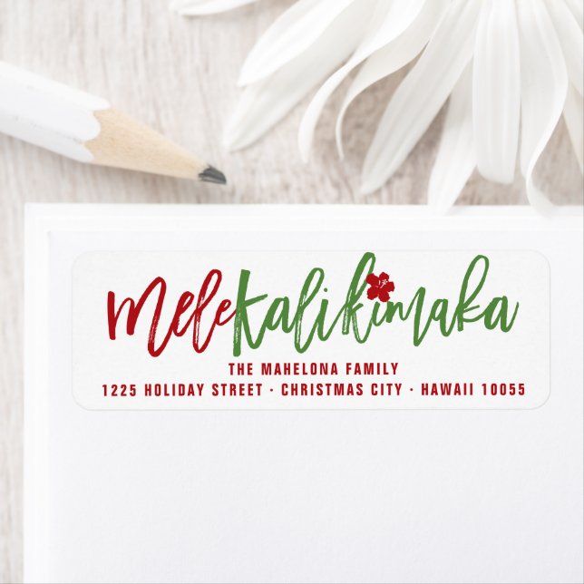 Mele Kalikimaka Brush Script jul Adress Returadress Etikett (Insitu)