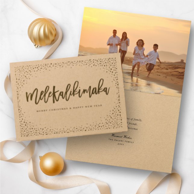 Mele Kalikimaka Confetti Chic julfoto Folierat Kort (Mele Kalikimaka Christmas Greetings Holiday Foil Pressed Card @ www.zazzle.com/store/fat_fa_tin)